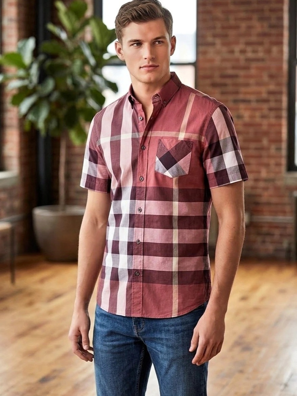 Burberry Parade Red Check Button-Up Shirt (Custom Short Sleeve Alteration) - M